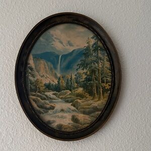 Framed Oval Landscape Art with Waterfall